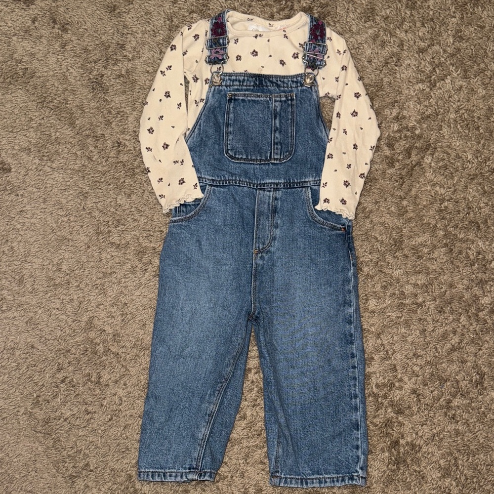 Zara Blue Denim Overalls with Cream Floral Bodysuit